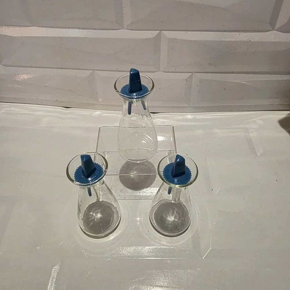 3-Pyrex Corelle MCM Clear Salt & Pepper Shakers 1970's Glass Vintage Blue Tops
